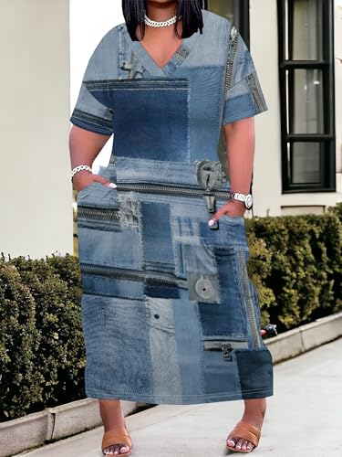 Image of SUZONANA Womens Plus Size 3D Denim-Print Fashion Maxi Dresses Casual Soft Tshirt Dress