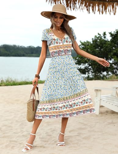 Image of Zeagoo Women's Summer Casual Dress Flutter Short Sleeve V Neck Button Down Tiered Flowy Long Dress with Pockets
