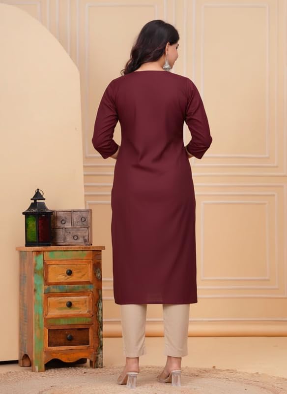 Image of Moirai Airy Linen Long Kurtis for Women Cotton A-Line Straight Kurta with Pockets Daily Office