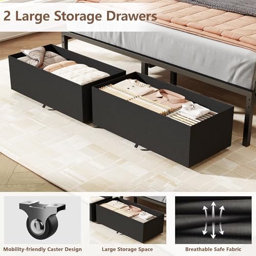 Image of Furnulem Queen Bed Frame with Upholstered Headboard and 2 Storage Drawers | Metal Platform Bed with Charging Station, LED Lights and Fabric Drawers, Noise Free, Easy Assembly, No Box Spring Needed