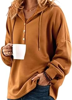 Resemblancet - Sudadera vintage de manga larga con botones, color liso, de gran tamaño, forro polar de algodón suave