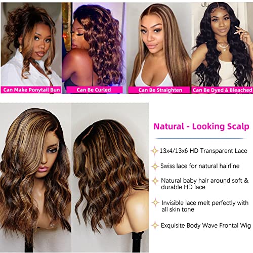 24 Inch Honey Blonde 13X6 Hd Lace Front Wigs Human Hair Pre Plucked With Baby Hair Wet And Wavy Brazilian Virgin Hair 1B/33#/30# Highlight Ombre Brown Color Hair 150% Density 13X6 Lace Frontal Wig Body Wave Hair Free Part #TOP3