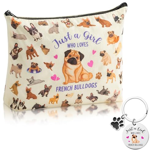 JAPBOR Trousse per il trucco per gli amanti dei cani, borsa cosmetica a tema bulldog francese e portachiavi, set regalo carino per cuccioli, astuccio per il trucco, borsa da viaggio con cerniera per