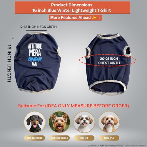 Image of JoyDaog Cozy Dog Winter Coat Blue Color 16 Inch(M)- inchAttitude Mera Khandani Hai inch Printed Soft Cotton Trendy Apparel for Small & Medium Dogs | Indoor & Outdoor