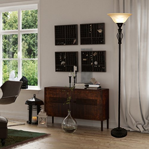 Floor Lamp for Living Room Decor by Light Accents - Tall Floor Lamp Bed Room Decor - Traditional Iron Scrollwork Standing Lamp Pole Light with Alabaster Glass Bowl Shade – 70" Tall- (Bronze)