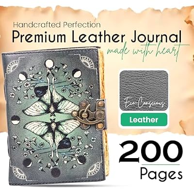 Blank Spell Book of Shadows Leather Journal Diary Luna Moths and Morpho Butterfly Bound Journal with Clasp Lock 200 Page Deckle Edge Vintage Notebook for Writing, Home, Office, Travelling