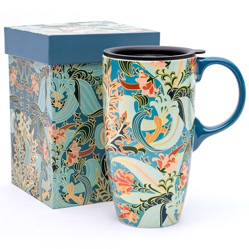 Taza de viaje de cerámica 17oz con tapa diseño floral azul miniatura 1