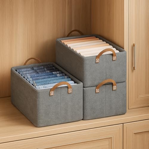 Image of JD FRESH 3 Pcs of Large Foldable Storage Box and Organiser with Metal Frame /Woven Fabric Clothes Organiser with Handle /Wardrobe Organizer for Storage /Almirah Organizer for Shirts /Jeans /Sweater (Grey)