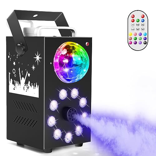 Machine à Brouillard Avec Boule Disco, 9 LED RGB lumière D'effet, 700W Mini Machine à Fumée avec Fonction Cycle Automatique et Télécommande Sans Fil Pour Fêtes Disco, Halloween, Noël