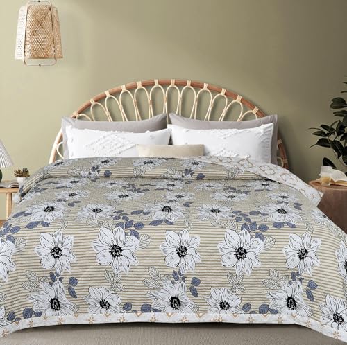 Image of VAS COLLECTIONS Ultrasonic Quilted AC Blanket | 280 TC Super Soft All-Season Comforter | Lightweight King Size Bedcover /Rajaai /Bedspread for Double Bed (220 x 230 cm, White, Yellow & Blue)