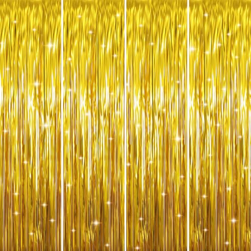 Image of GOER 3.2 ft x 9.8 ft Metallic Tinsel Foil Fringe Curtains for Party Photo Backdrop Decor (4 Packs,Gold)