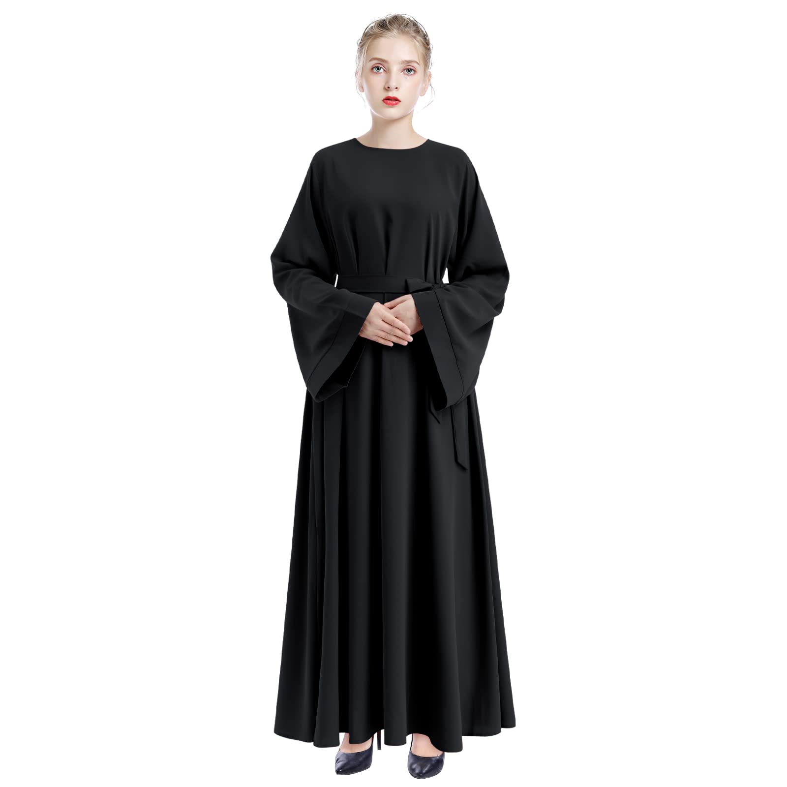 IWEMEK Robe Musulmane Femme Prière Abaya Dubai Simple Moderne Vêtement Islamique Moyen-Orient Turquie Kaftan 1 Pièce Couleur Unie Manches Longue avec Chaîne Perles Soirée Mariage S-XXL
