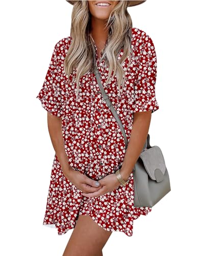 Image of PYGFEMR Women's Short Sleeve Babydoll Dress Button Down Dresses with Pockets