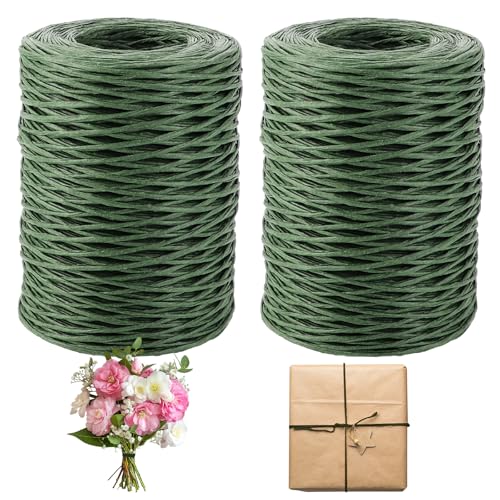 Oungy 2 Stück Papierdraht zum Basteln, 200 m Papierdraht Natur Grün, Basteln Papierkordel 2 mm, Paketschnur, Bast zum Häkeln, Papiergarn zum Häkeln, für Hochzeitsstrauß Verpackung, Blumenges, und DIY