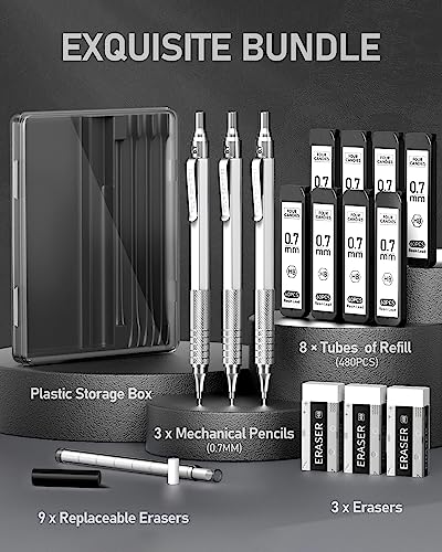 Image of Four Candies Metal Mechanical Pencil Set with Case, 0.7mm, 3-Pack, Silver