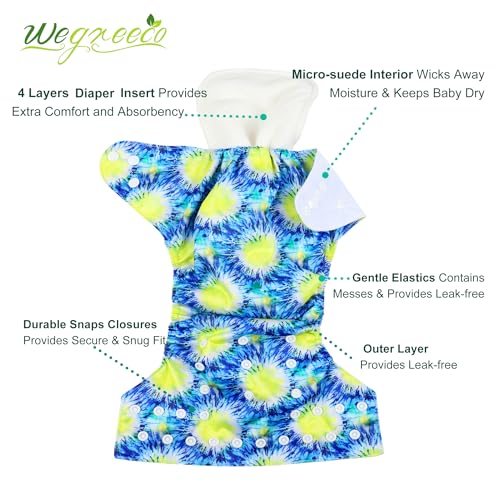Image of wegreeco Cloth Diapers 6 Pack with 6 Inserts & 1 Wet Bag, Washable Cloth Diapers for Babies, One Size Adjustable Reusable (Tie-dye)