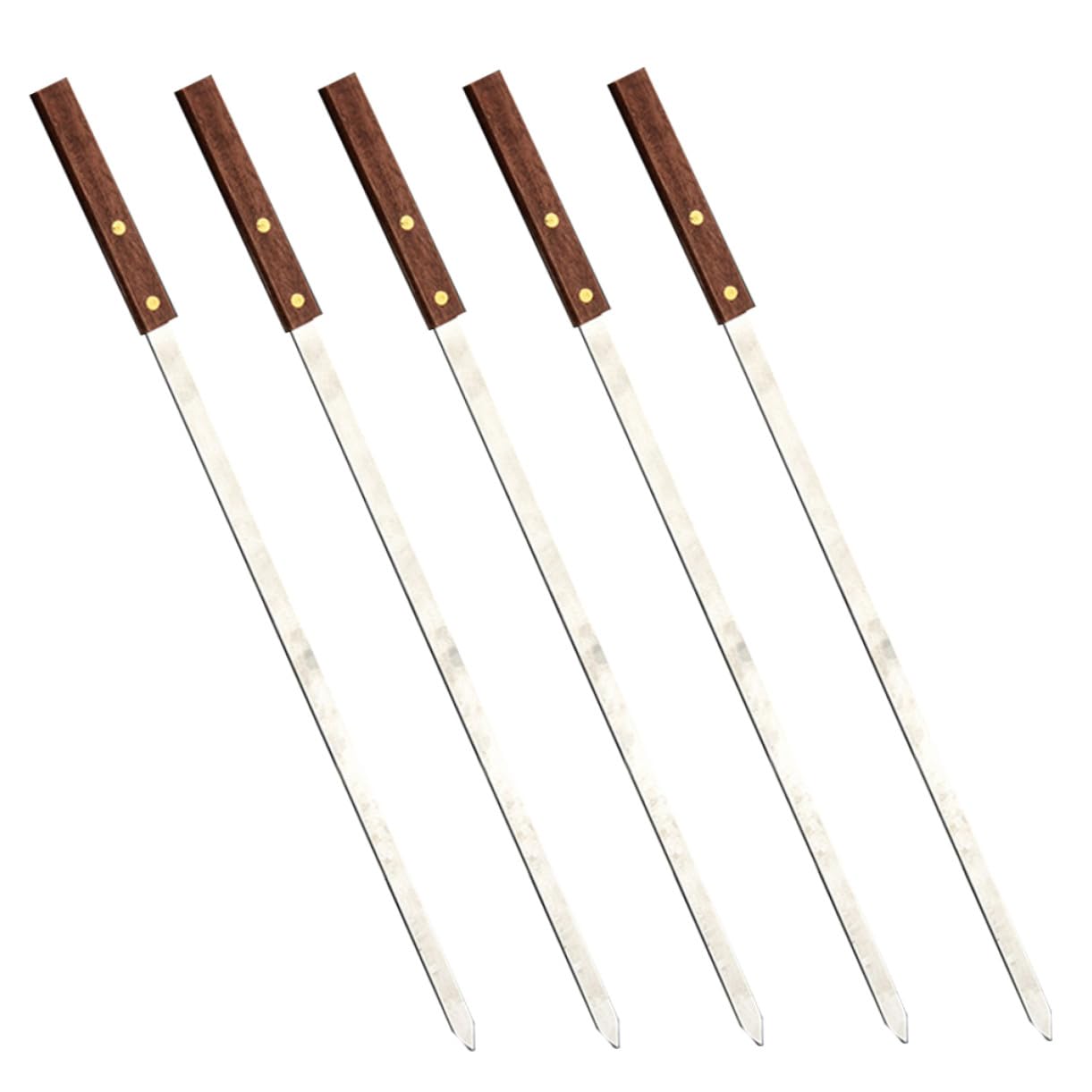Hemobllo 5pezzi Spiedini per Barbecue in Acciaio Inox Riutilizzabili Manico in Legno Forchetta per Bbq Spiedini Lunghi e Piatti per Carne Marrone
