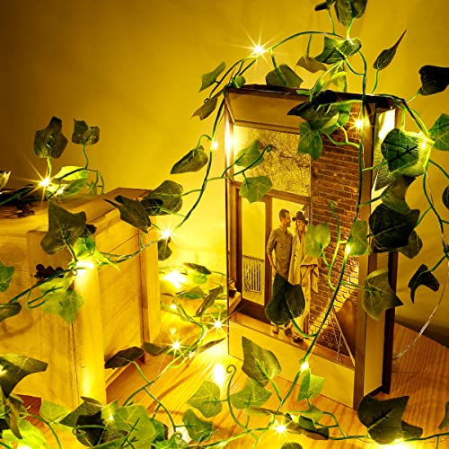 10M/33ft Vines with Fairy Lights 100 LED, Artificial Ivy Garland Fairy Lights Battery Operated, Flexible Copper String Light Hanging for Home Bedroom Wall Garden Wedding Party Christmas Decor (10M)