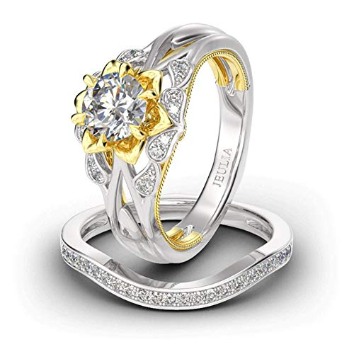 Jeulia 2 Carat Flower Engagement Ring Set for Women 14K Gold Plated Wedding Band Round Cut Cubic Zirconia Rings CZ Solitaire Engagement Rings - Main Image