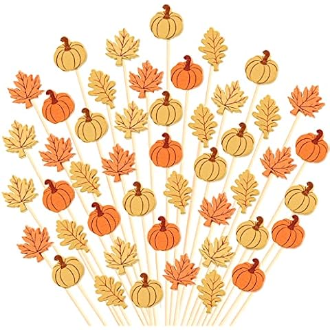 100pcs Pumpkin Maple Leaf Cocktail Sticks Long Food Toothpicks Fruit Picks Sandwich Appetizer Charcuterie Skewers, Made of Bamboo Wood, for Halloween Autumn Theme Party Decoration Supplies Cover