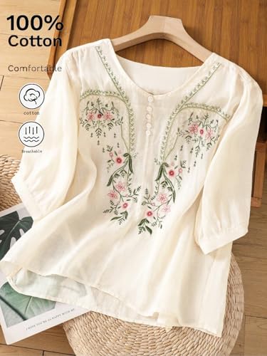 Women's Embroidered Cotton Tops Summer 3/4 Length Sleeve Round Neck Blouse Casual Loose Fit Tunic2