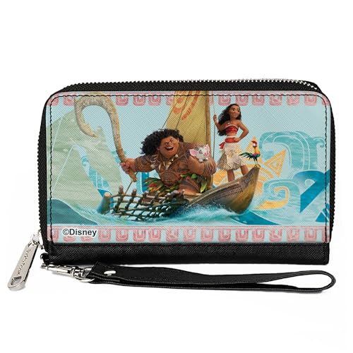 Buckle-Down Disney Wallet, Zip Around, Moana Voyage Group Pose and Tribal Icons Collage Blues, Vegan Leather