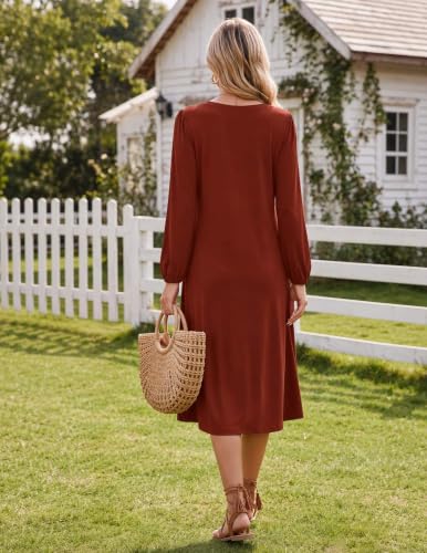 Image of Zeagoo Fall Dresses for Women Long Sleeve Midi Dress Casual A Line Dresses 2026 Pleated Flare Dress with Pockets