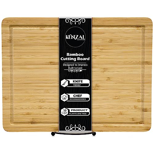 Kenzal Extra Large Bamboo Cutting Board – 14 x 10 Inches Heavy Duty Wood Cutting Boards with Juice Groove, 100% Organic Bamboo Cutting Board for Chopping Meat, Fruits, Vegetables, Cheese, Serving Tray