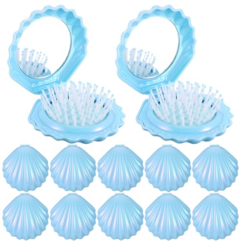 12 Pcs Mermaid Party Favor Foldable Shell Hair Brush with Mirror Mini Travel Pocket Compact Hair Brush Makeup Comb for Women Girls Hairstyles Gift Birthday Party Supplies
