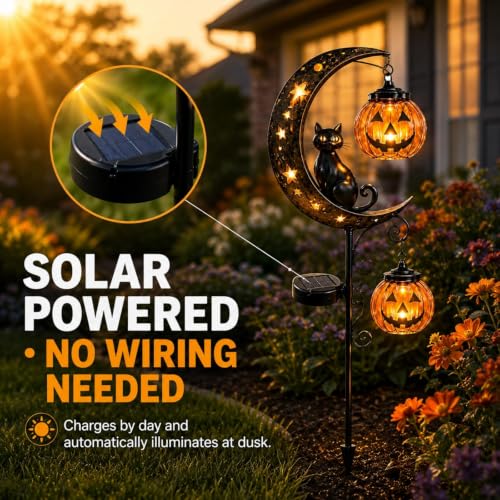 Solar Halloween Black Cat & Pumpkin Moon Garden Stake Light, Metal Crescent Moon & Pumpkin Lantern, Outdoor Waterproof LED Yard Decoration with Crescent Moon, for Patio Lawn Path Yard (D #) - image 7