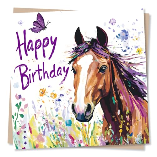 Beautiful Happy Birthday Card For Horse Lover - Nature, Horses, Butterfly, Flowers - For Friend, Bestie, Loved One, Women, Woman, Men, Relative, Partner