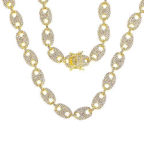 Gold Mariner Cuban Link Chain for Men, Silver Iced Out Diamond Coffee-bean Cuban Link Chain Necklaces,Hip Hop Rapper Jewelry Chains 16-30 Inches2