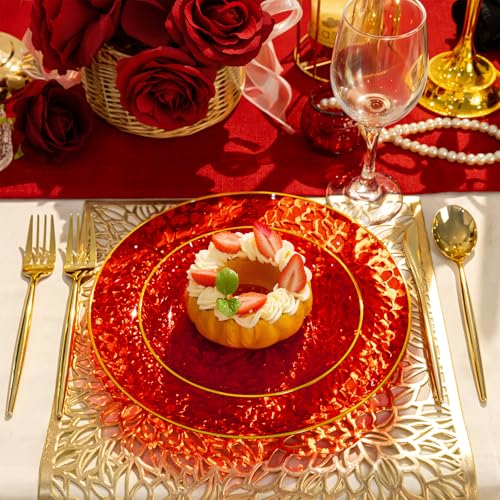 image for Rubtlamp 60 Pcs Red Plasitc Plates, Gold Red Disposable Plates, Fancy 