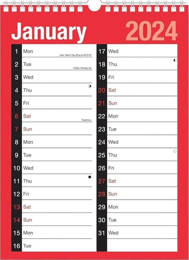 2024 Calendar 2 Column A3 Size 1 Month to view Easy View Twin-Wire ...