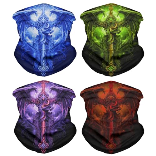 GLUDEAR Men Women 4 Pack Face Bandana Balaclava Sun UV Protection Reusable Half Mask Scarf Cycling Neck Gaiter,Dragon Cross Luminous