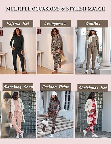 Ekouaer Womens Pajamas Set Long Sleeve Loungewear Soft Joggers with Pockets - image 5
