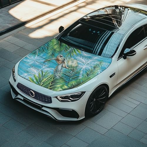 Image of Turtle Leaves Car Hood Cover Stretch Polyester Protector for Car Hood Removable Automotive Accessories for Most Automotive Sedans Trucks Pickup SUVs