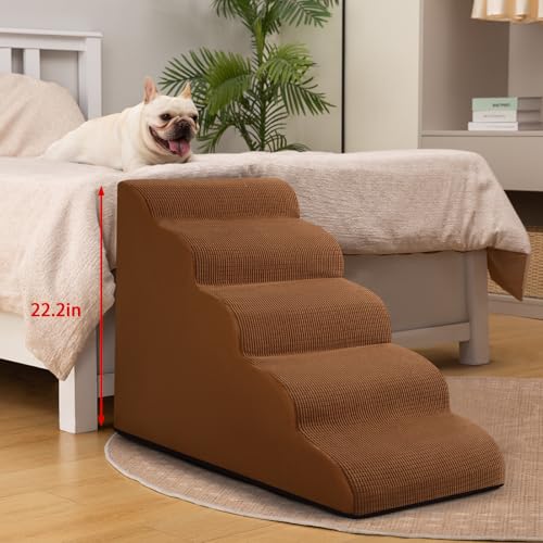 Image of Aodisman Dog Stairs for High Bed,5-Step Pet Ramp for Small Dogs and Cats | 22.2 inch H Dog Steps for Bed with High-Density Foam, Help Olders,Short-Legged Dogs,Puppy and Cats Get on Beds Easily,Grey,Brown