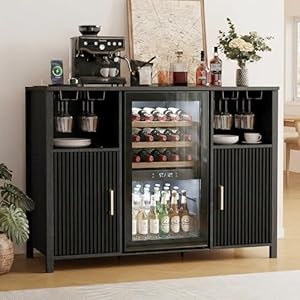 Ludatido 53'' Large Coffee Bar Cabinet with Power Outlet, Mini Fridge Cabinet with Adjustable Shelf Glass Holder, Liquor Wine Bar Storage, Fluted Buffet Sideboard Table for Kitchen Dining Ro