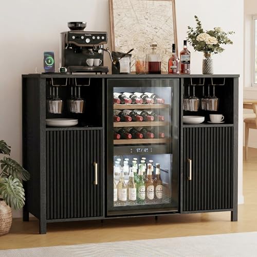 Ludatido 53'' Large Coffee Bar Cabinet with Power Outlet, Mini Fridge Cabinet with Adjustable Shelf Glass Holder, Liquor Wine Bar Storage, Fluted Buffet Sideboard Table for Kitchen Dining Ro