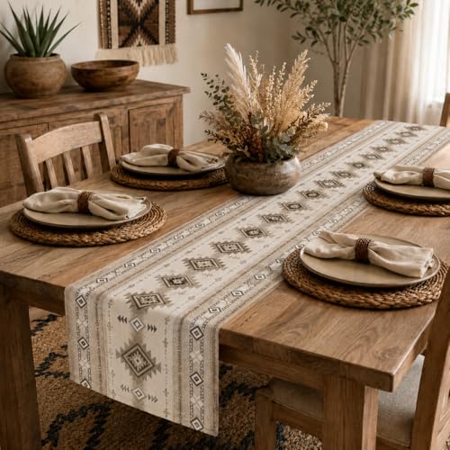 Image of Boho Geometric Aztec Table Runner, Southwest Aztec Tribal Pattern Linen, Rustic Dining Table Decor for Farmhouse Kitchen 13x90 Inch