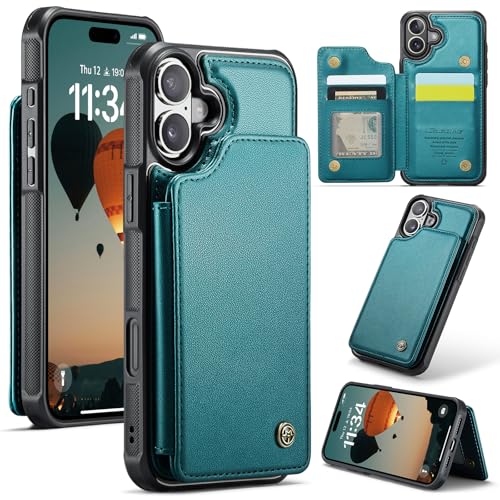 UEEBAI Wallet Case for iPhone 16 6.1 RFID Blocking Card Slots Flip Case PU Leather Kickstand Folio Case Magnetic Clasp Cover Shockproof Case Men Women - Green