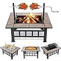 SINGLYFIRE 37 Inch Fire Pit Table with Grill for Outside Large Square Wood Burning firepit Heavy Duty Steel Bonfire Pit Cooking with Spark Screen Log Grate Poker for Backyard Garden Camping