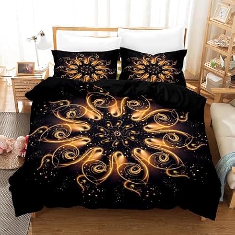 Abojoy Mandala Bedding Bohemian Duvet Cover Set King, Boho Chic Hippie Trippy Exotic Magic Medallion Floral 3Pcs Bedding Soft Lightweight Microfiber Quilt Cover Set, Black Gold Cover
