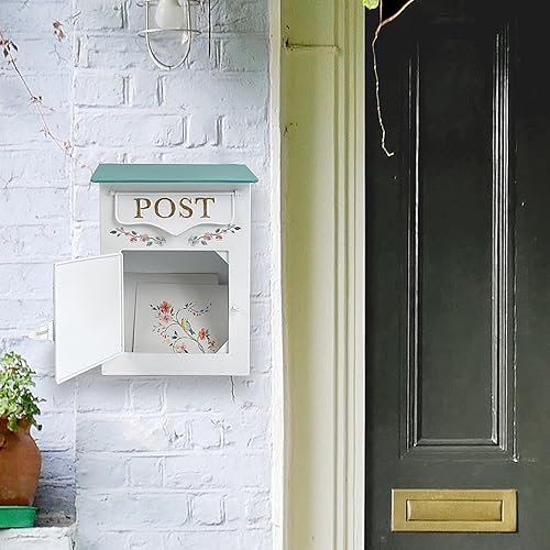 Image of Mailbox Wall Mount Mailboxes for Outside Vintage Mail Boxes for House Outside Metal Drop Box Antique Style Nostalgic Charm Home Decorative, Flower Pattern, White