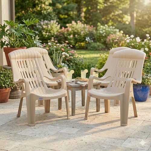 Image of Oaknest Supreme Comfy Relaxing Chair - Ergonomic High-Back Plastic Armchair for Home, Garden, Balcony & Patio | Heavy-Duty, Weather-Resistant & Easy to Clean | Dark Beige | Set of 4