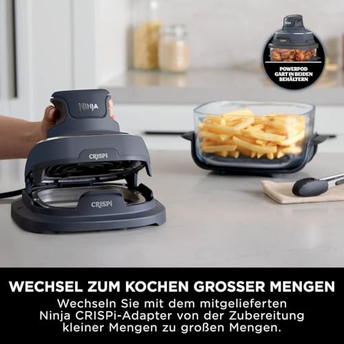 Ninja CRISPi tragbare Air fryer Heißluftfritteuse, 3,8 l, 4-in-1: Heißluftfrittieren, Braten, Warmhalten, Recrisp, kompakt, 6 Portionen, 2x herausnehmbare Glasbehälter & Deckel, 1700W, Grau FN101EUGY