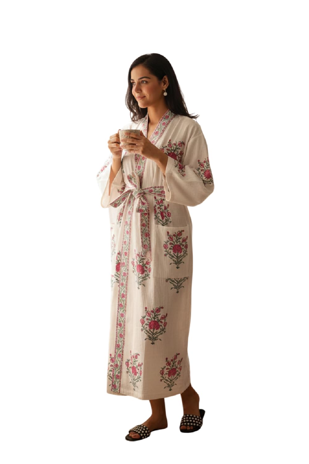 Hand Block Print Cotton Waffle Fabric White Bathrobe For Women's Ultra-Soft & Lightweight After Bath Spa Bathrobe | Highly Absorbent Red Flower Prineted-image-45