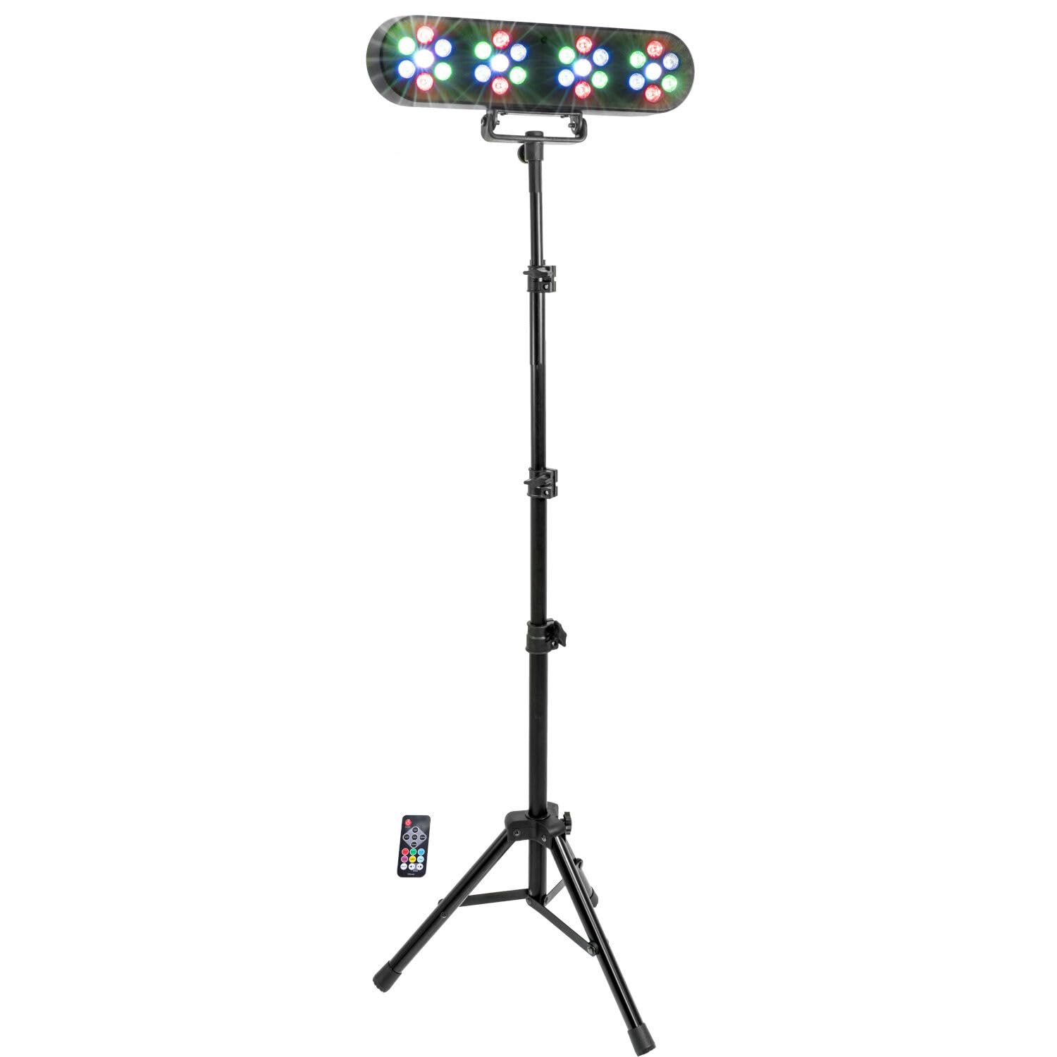 Party Light & Sound - FUNLED - Spettacolo di luci con 4 effetti su stativo telescopico - 4 PAR di 7 LED da 1 W ciascuno - Telecomando - Effetto strobo - Stativo incluso con altezza regolabile