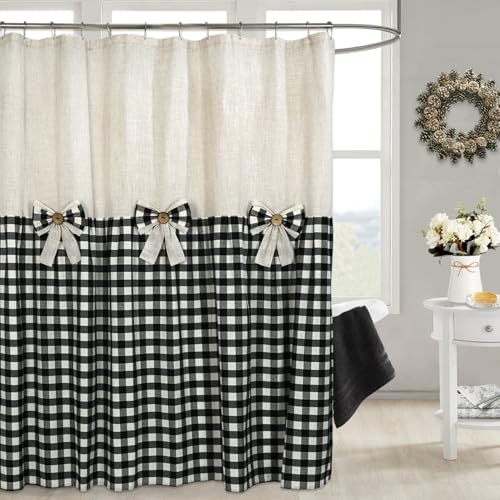 DOSLY Ides Farmhouse Black Shower Curtain with Bowknot, Linen and Cotton Blend Fabric, Pleated Black and Beige Plaid, Country Style, 72x72 in